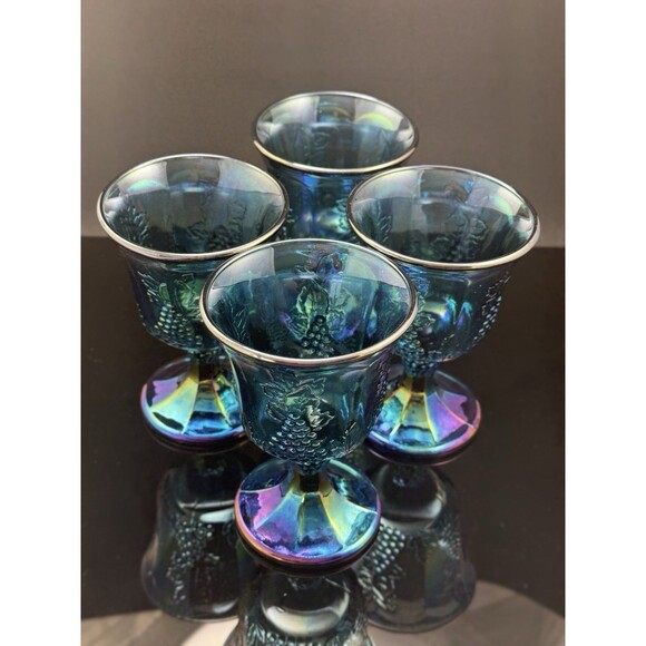 Vintage Indiana Glass Blue Iridescent Grape Goblets Set of 4 - 8 oz MCM - Picture 3 of 12